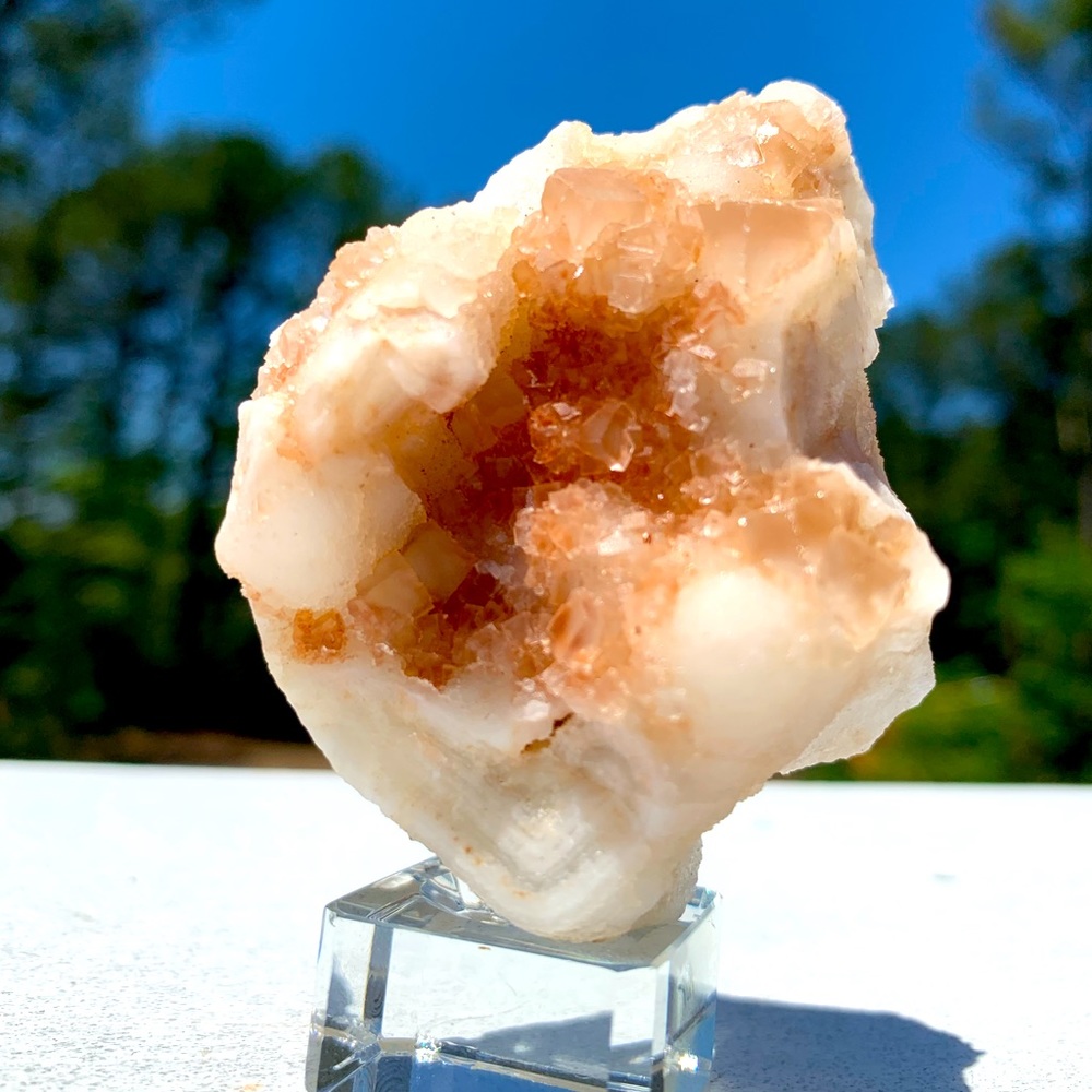 Pink Cubic fluorite on Chalcedony